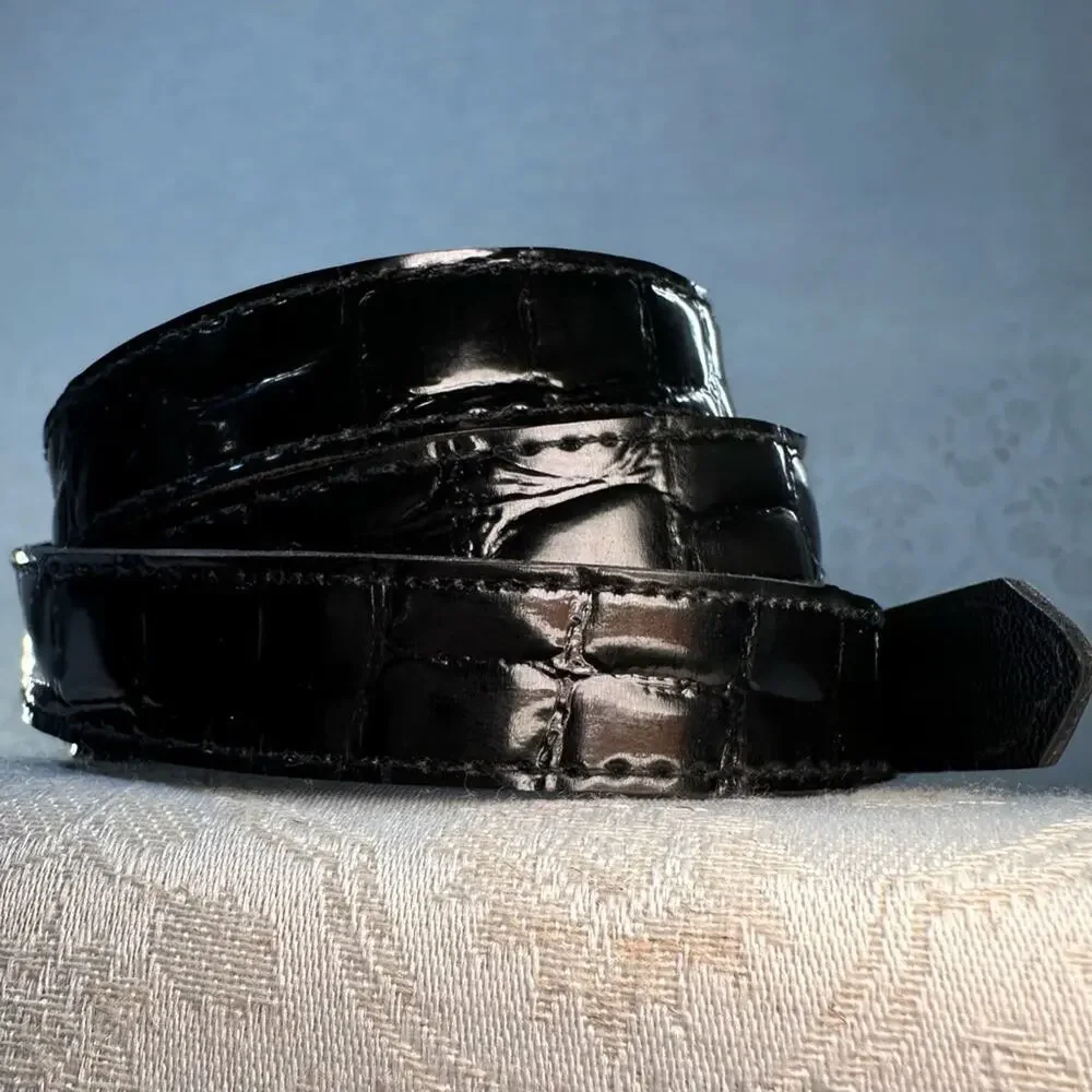 Black Faux Patent Leather Alligator Print Belt with Silver Buckle 36.5 in